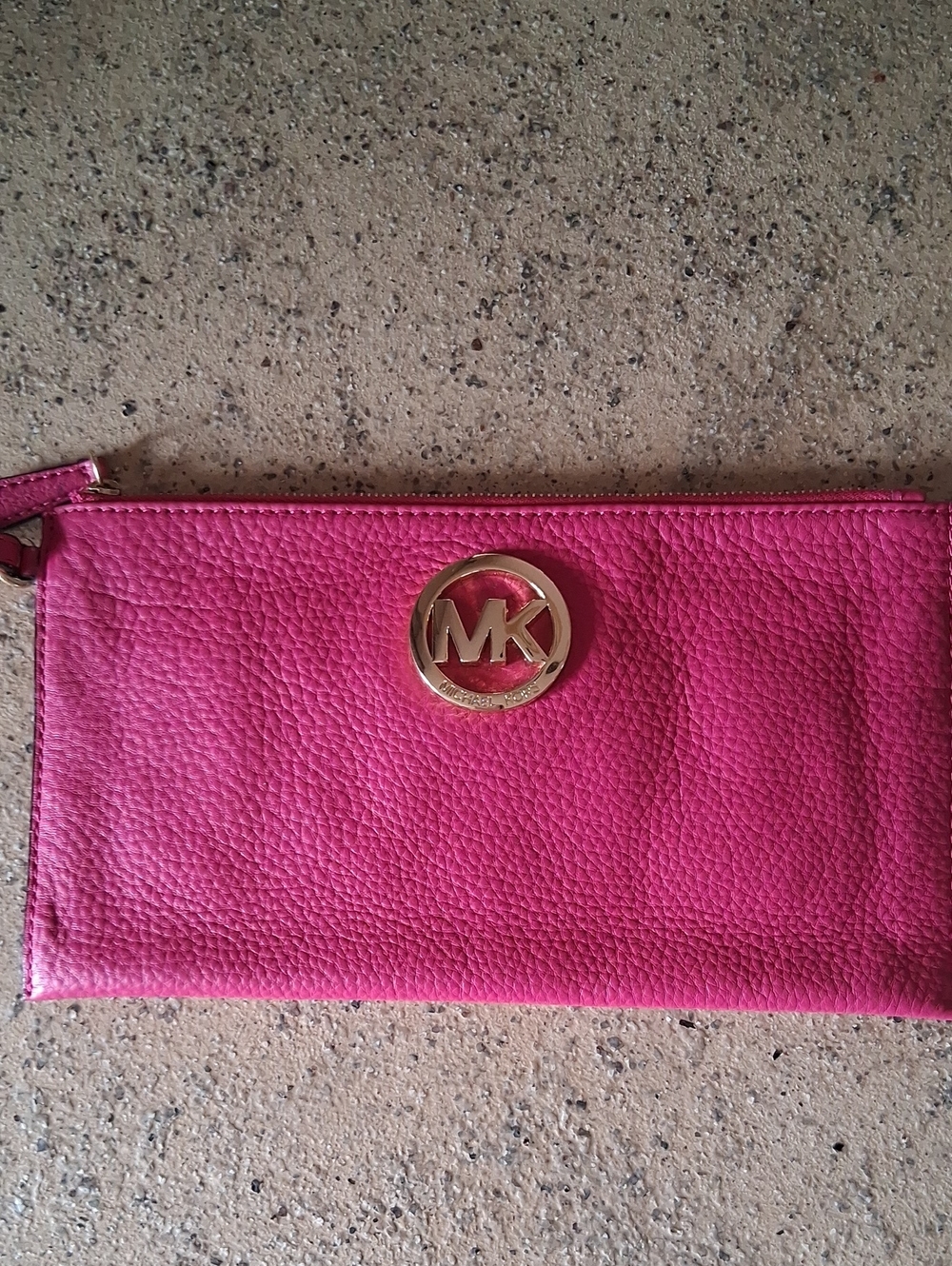 Michael Kors Hot Pink Pebbled Leather Wristlet with Gold MK Emblem